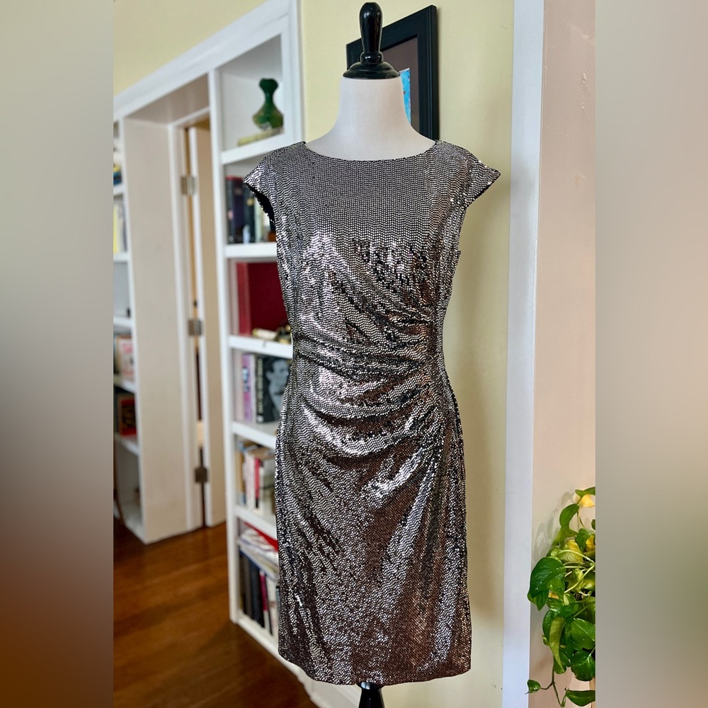 Anne Klein Shimmering Sparkle Silver Rouched Waist Mini Dress Sz M - Picture 3 of 11
